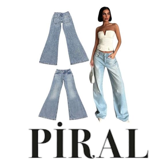 PIRAL 28x34 Mid Rise Stretch Flare Jeans Double Button Wide Leg Denim EUC - Picture 2 of 10